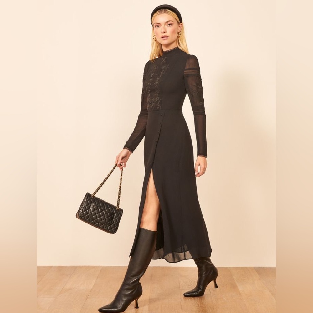 Reformation Adelia Embroidered Mock Neck Long Sleeve Midi Dress Black Size 2